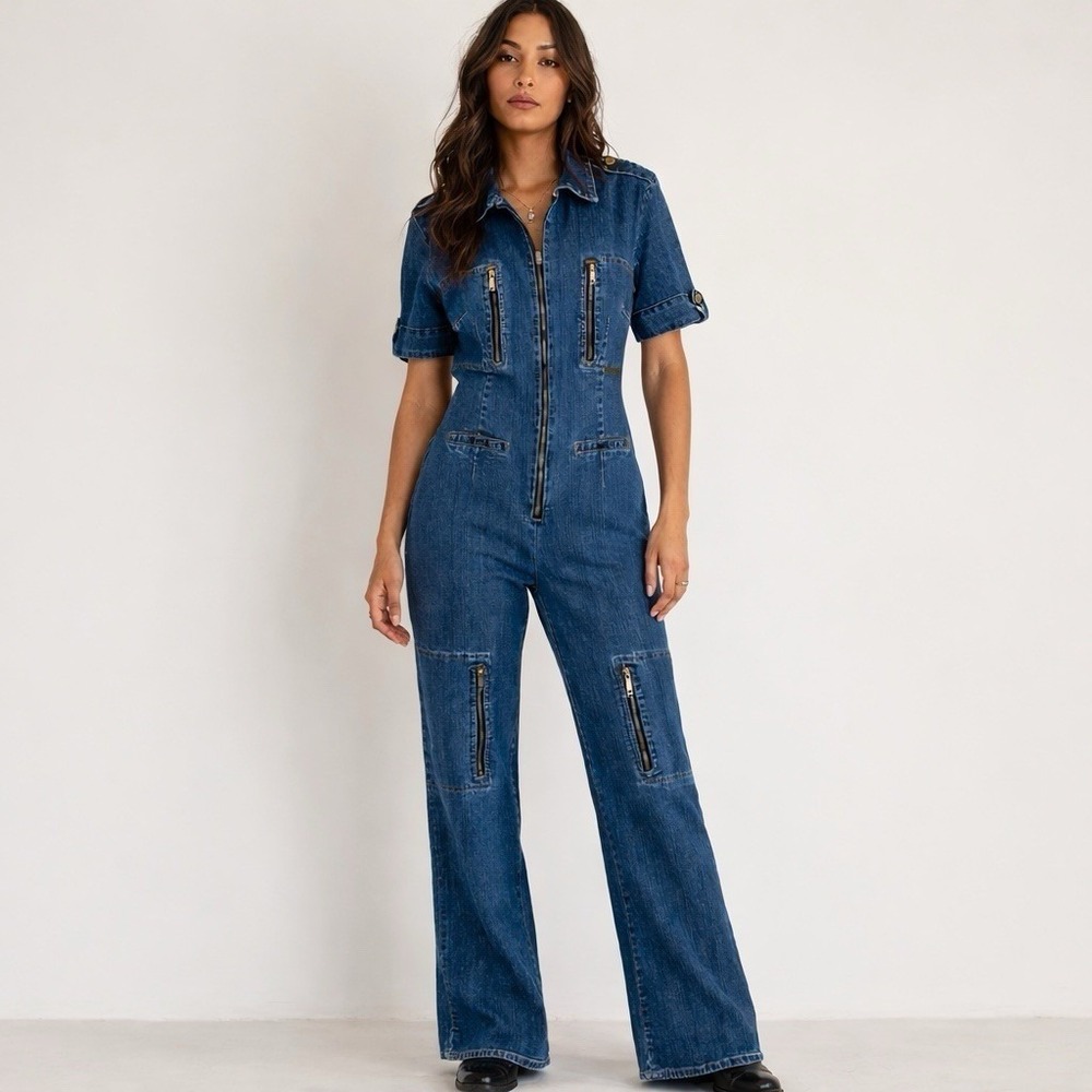 Vintage Baby Phat Denim Jumpsuit Women's Size 13‎ Y2K Flare Leg Romper Catsuit M